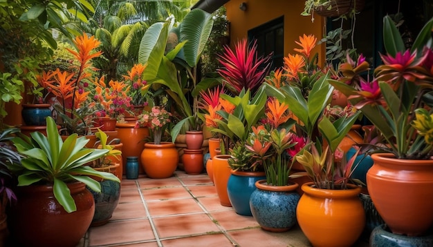 Gratis foto veelkleurige bloemen bloeien in een terracotta pot gegenereerd door ai