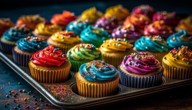 Gratis foto veelkleurige cupcakes met sierlijke versieringen en glazuur gegenereerd door ai