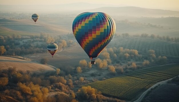 Veelkleurige heteluchtballon vliegt hoog over berglandschap gegenereerd door AI