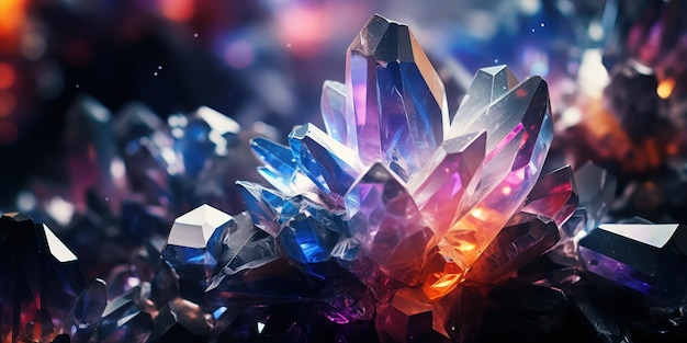Gratis foto veelkleurige kristallen schitteren tegen een abyssale achtergrond.