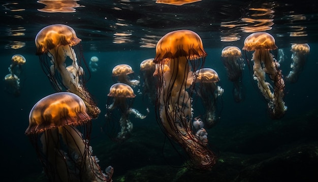 Veelkleurige waterdieren die zwemmen in een rustige zee, gegenereerd door AI