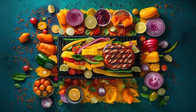 Vegetarische lunch op houten bord met variëteit gegenereerd door AI