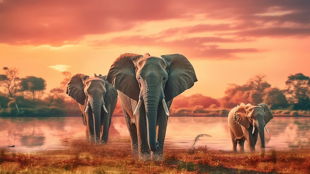 Verbazingwekkende Afrikaanse olifanten bij zonsondergang concept AI gegenereerd beeld