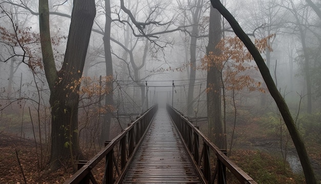 Gratis foto verdwijnpunt in mistig bos spookachtig mysterie gegenereerd door ai