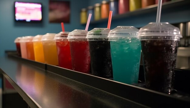 Verfrissende drankjes in glazen met kleurrijke rietjes gegenereerd door AI