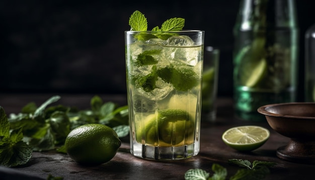 Gratis foto verfrissende mojito-cocktail met limoenmintblad en citrusvruchten gegenereerd door kunstmatige intelligentie