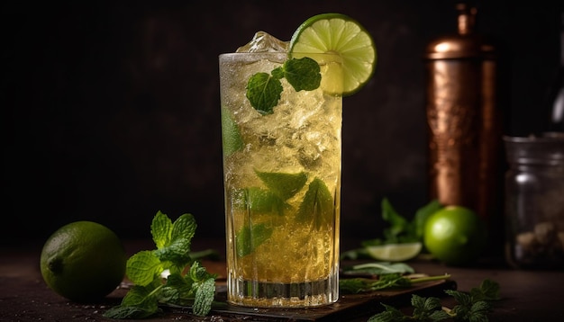 Gratis foto verfrissende mojito-cocktail met limoenmintblad en citrusvruchten gegenereerd door kunstmatige intelligentie