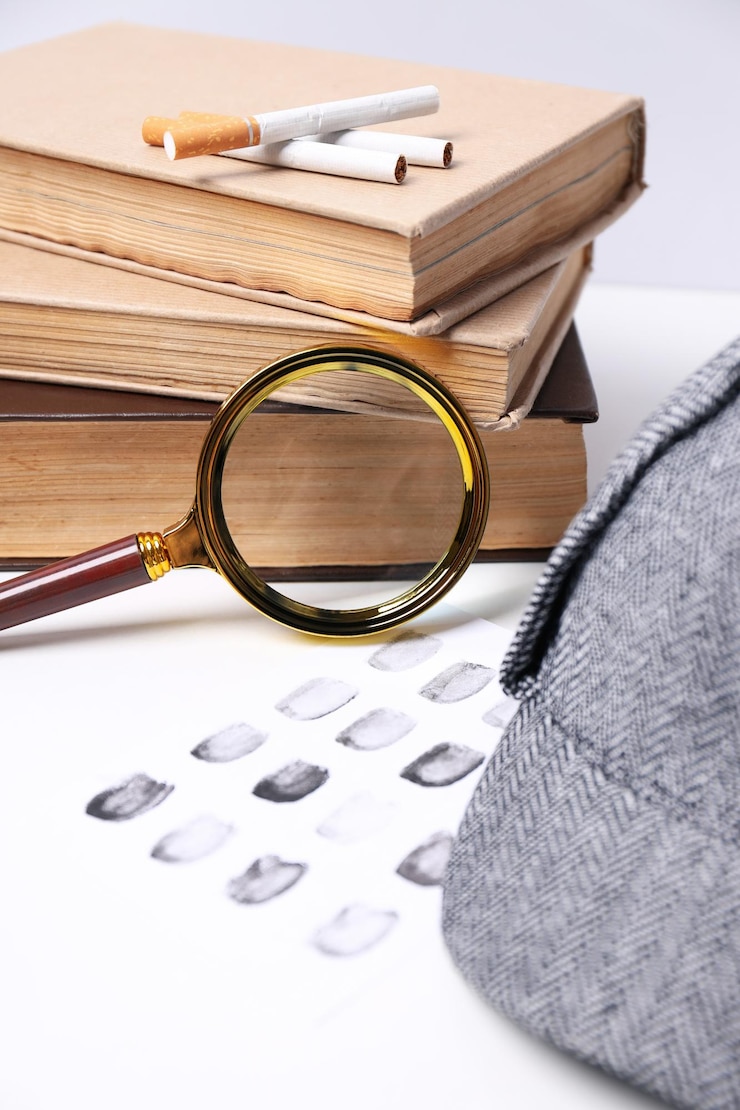 Gratis Foto vergrootglas met hoed en boeken op witte achtergrond