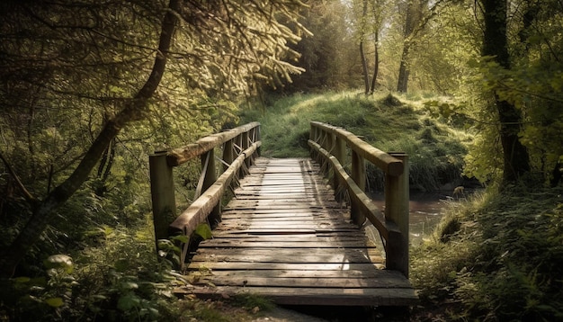 Gratis foto verhoogde loopbrug door de wildernis van het donkere tropische regenwoud, gegenereerd door ai