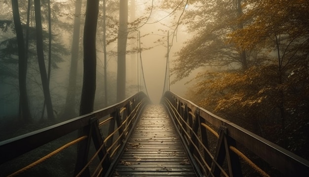 Gratis foto verhoogde loopbrug leidt door mistig herfstbos gegenereerd door ai