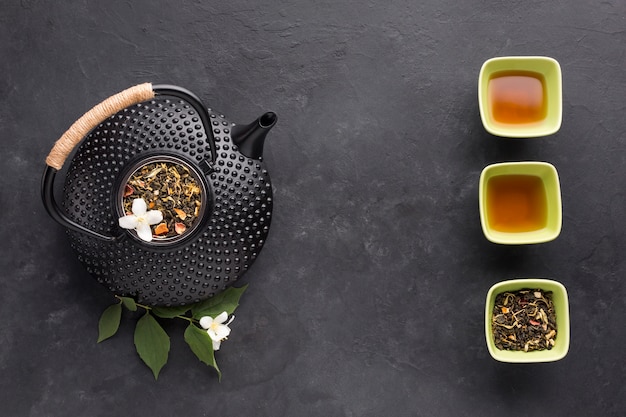 Verhoogde weergave van getextureerde zwarte theepot met droge thee ingrediënt