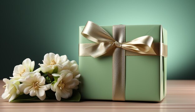 Verjaardagscadeau verpakt in geel en groen bloemenverpakkingspapier gegenereerd door kunstmatige intelligentie