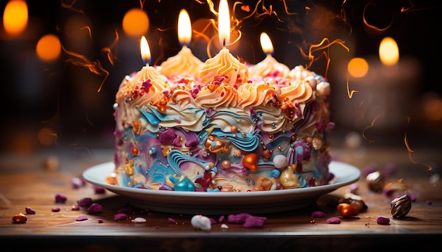 Gratis foto verjaardagsfeest met een gourmet chocoladekoek kleurrijke decoraties en kaarsen gegenereerd door kunstmatige intelligentie