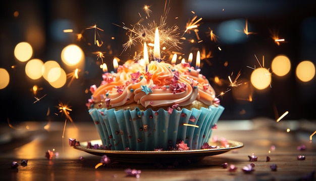 Gratis foto verjaardagsfeestje met heerlijke zelfgemaakte cupcakes en levendige decoraties gegenereerd door kunstmatige intelligentie