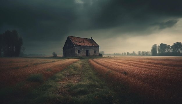 Gratis foto verlaten boerderij in spookachtige weide in de schemering gegenereerd door ai