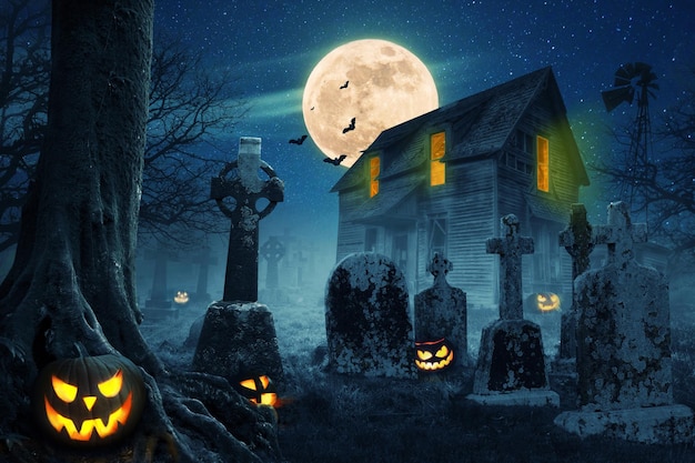 Verlaten eng huis in de buurt van de begraafplaats in het bos met pompoenen, een volle maan, vleermuizen en mist. pompoenen in kerkhof in de griezelige nacht, halloween achtergrond.