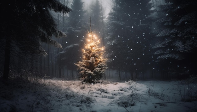 Verlichte dennenboom in besneeuwde bosnacht gegenereerd door AI