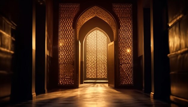 Verlichte minaret benadrukt oude Arabische elegantie en spiritualiteit gegenereerd door AI