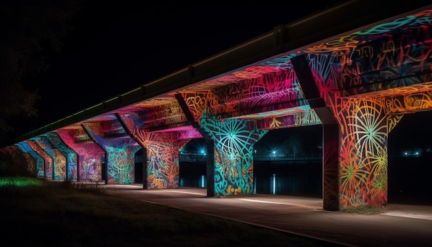 Verlichte moderne architectuur levendige kleuren stadsnachtleven gegenereerd door AI