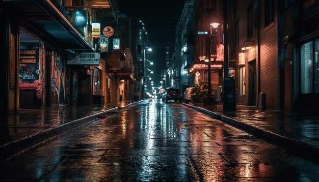 Verlichte skyline van de stad natte straten wazig beweging gegenereerd door AI