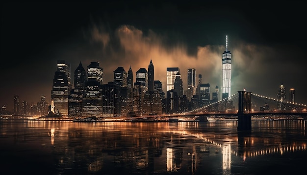Gratis foto verlichte skyline van de stad reflecteert op het water gegenereerd door ai