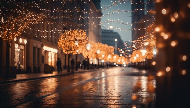 Verlichte stadsstraten in de winter met kerstversiering gegenereerd door AI