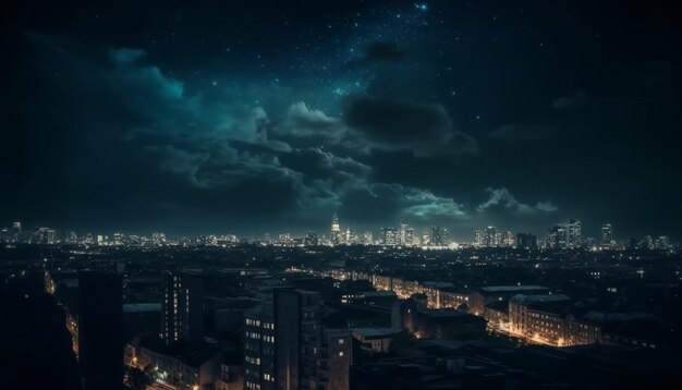 Verlichte wolkenkrabbers gloeien in het futuristische nachtleven van de stad, gegenereerd door AI