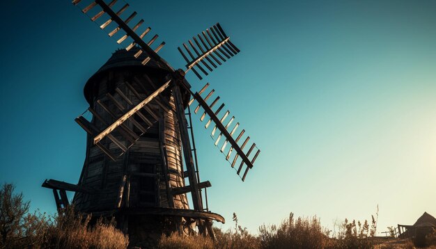 Verouderd windmolensilhouet verlicht door zonsondergang, een historisch monument gegenereerd door AI