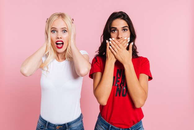 Verrast blonde vrouw die haar oren en brunette vrouw die haar mond over roze