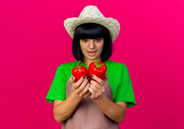 Verrast jonge vrouwelijke tuinman in uniform dragen tuinieren hoed houdt en kijkt naar rode paprika's