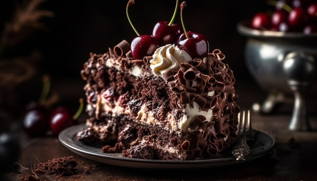 Verrukkelijke chocoladecheesecake met verse bessendecoratie gegenereerd door AI