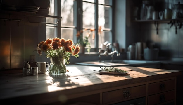 Vers boeket op rustieke tafel in moderne keuken gegenereerd door AI