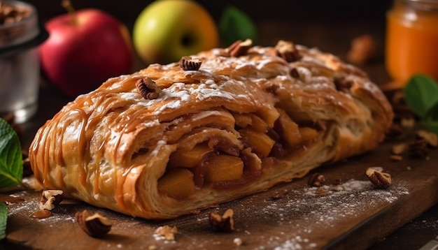 Gratis foto vers gebakken apfelstrudel op rustiek hout gegenereerd door ai