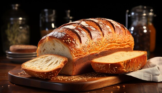 Vers gebakken brood op een houten tafel een stukje hemel gegenereerd door kunstmatige intelligentie