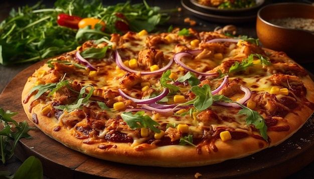 Vers gebakken pizza op rustieke houten tafel gegenereerd door AI