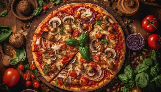 Gratis foto vers gebakken pizza op rustieke houten tafel gegenereerd door ai