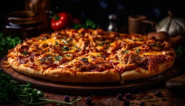 Gratis foto vers gebakken pizza op rustieke houten tafel gegenereerd door ai