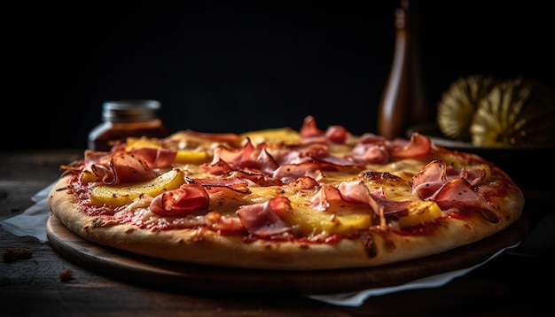 Vers gebakken pizza op rustieke houten tafel gegenereerd door AI