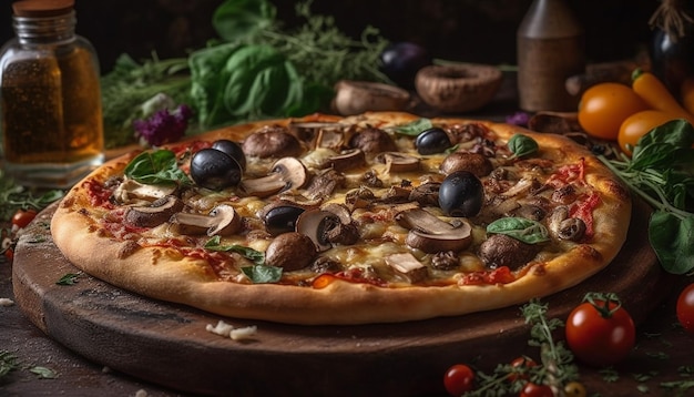 Vers gebakken pizza op rustieke houten tafel gegenereerd door AI