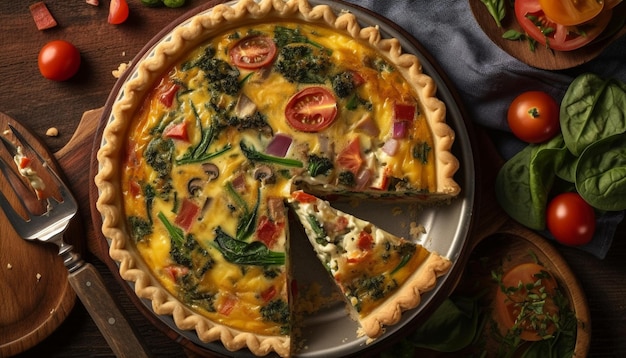 Vers gebakken vegetarische quiche op rustieke houten tafel gegenereerd door AI