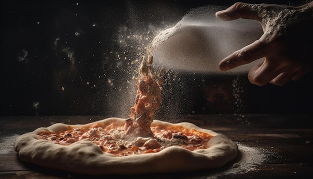 Vers gebakken zelfgemaakte pizza gesneden voor verfrissing gegenereerd door AI