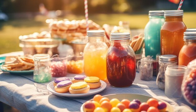 Vers gegrilde gastronomische maaltijd op picknicktafel gegenereerd door AI