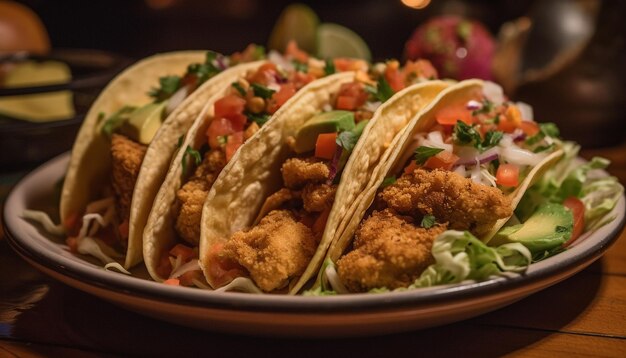 Vers gegrilde rundvleestaco met guacamole en koriander gegenereerd door ai