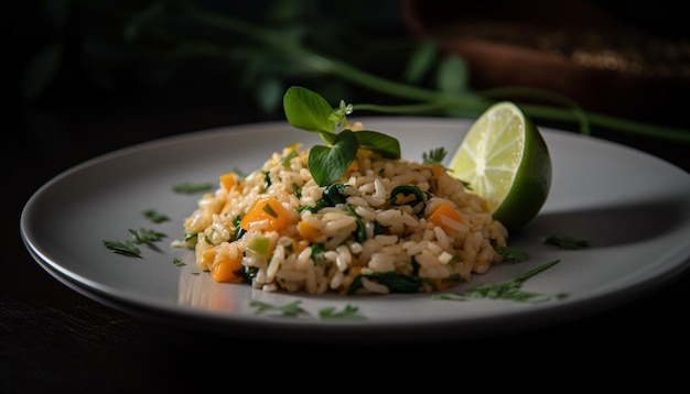 Gratis foto vers gekookte gastronomische zeevruchtenrisotto op plaat gegenereerd door ai