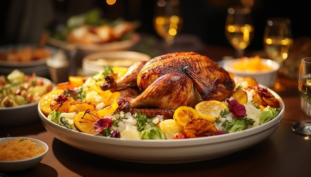 Gratis foto vers gekookte gebraden kip en kalkoen op een feestelijke tafel gegenereerd door kunstmatige intelligentie