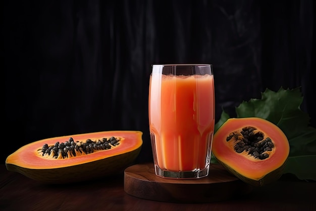 Gratis foto vers papajasap in glas met papajafruit op houten tafel en zwarte achtergrond ai generatief