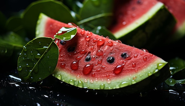 Vers schijfje watermeloen, sappig en zoet, een verfrissende zomersnack gegenereerd door kunstmatige intelligentie