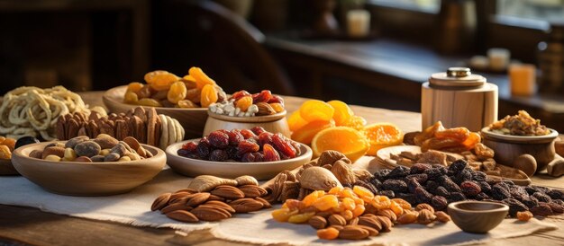 Verscheiden gedroogde vruchten en noten gerangschikt op een keukentafel met ruimte voor kopieën