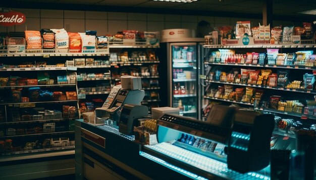 Verscheidenheid aan koopwaar in de schappen van de supermarkt, gegenereerd door AI