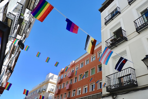 Verschillende homogemeenschapsvlaggen geregen tussen gebouwen tijdens de maand van trotsgebeurtenissen als een symbool van ondersteuning van lgbtq-mensen homovriendelijk district in het centrum van madrid, spanje Premium Foto